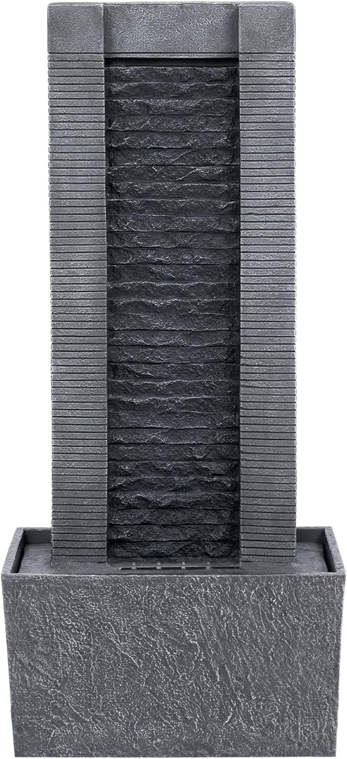 Teamson Home 29.25" Demeter Indoor/Outdoor Modern Waterfall Fountain with LED Lights, Black and Stone Gray | LED Lights, Waterfall Fountain, Garden, Patio, and Backyard Decor, Black and Stone Gray