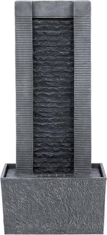 Teamson Home 29.25" Demeter Indoor/Outdoor Modern Waterfall Fountain with LED Lights, Black and Stone Gray | LED Lights, Waterfall Fountain, Garden, Patio, and Backyard Decor, Black and Stone Gray
