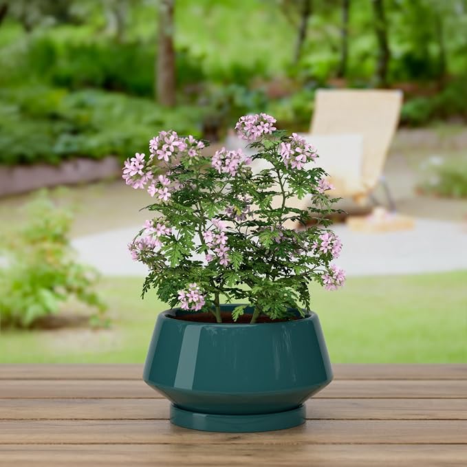 10 Inch Green Ceramic Planter with Drainage Hole and Saucer | Ideal for Indoor and Outdoor Plants, Modern Home Decor, Round, Gloss Green