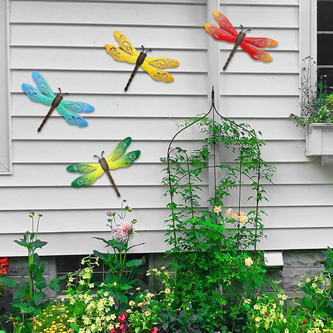 Metal Dragonfly Wall Decor, 4 Pack 14inch Metal Dragonfly Wall Hanging Sculpture Decor for Outdoor, Yard Patio Fence Garden Outside Decorations