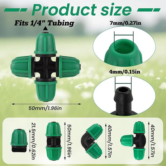 70 Pcs 1/4 Inch Drip Irrigation Fittings Kit,Drip Irrigation Hose Connector for 1/4 Inch Drip Tubing with 25 End Plugs, 15 Tees,10 Straight Couplings,10 Elbows,10 Cross 4-Way Connector