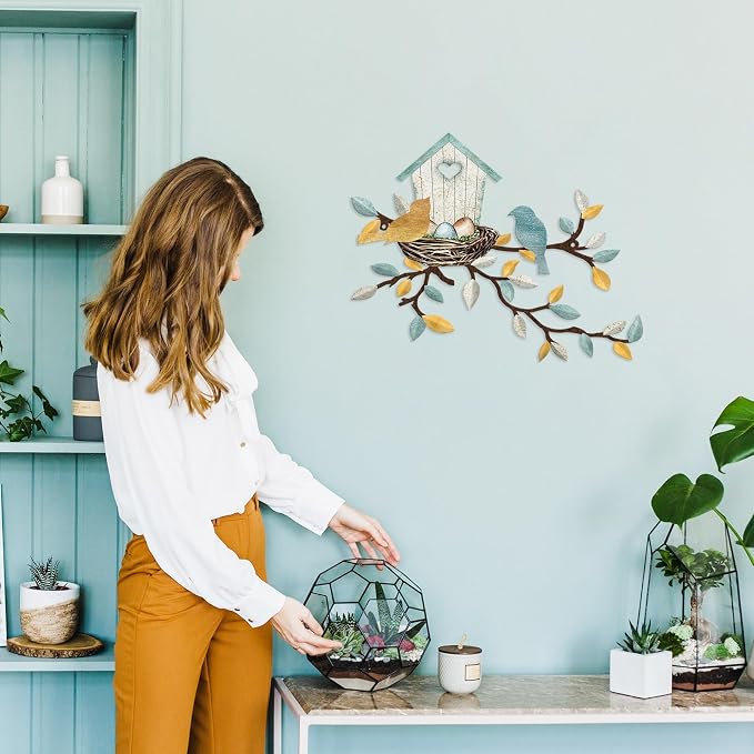 COLOR VALLEY ART-Metal Bird Wall Art Birds on The Branch Wall Decor Leaves with Birds Sculpture Bird Silhouette Metal Ornament Branch Wall Hanging Sign for Balcony Garden Decor (Teal White-16.5''x13'')