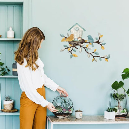 COLOR VALLEY ART-Metal Bird Wall Art Birds on The Branch Wall Decor Leaves with Birds Sculpture Bird Silhouette Metal Ornament Branch Wall Hanging Sign for Balcony Garden Decor (Teal White-16.5''x13'')