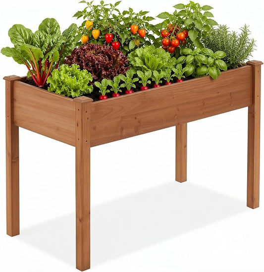 DUMOS Raised Garden Bed 48x24x30 Inch, Outdoor Planter Box with Legs, Elevated Wood Garden Bed with Liner for Herbs Flowers Vegetables, Wooden Planter Box for Patio, Balcony and Backyard, Brown