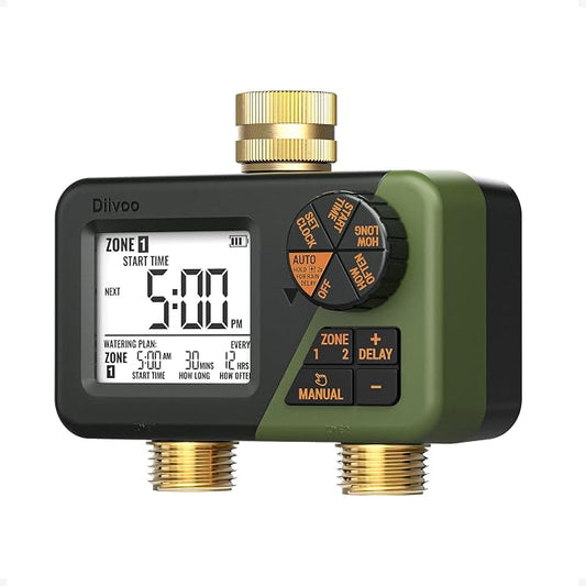 Brass Hose Timer 2 Outlets for Outdoor Watering, Diivoo IP66 Waterproof Programmable Sprinkler Timer with Large Digital Display, Rain Delay & Manual Watering for Garden Lawn Yard Automatic Irrigation