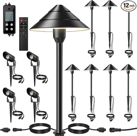12-Light Low Voltage Landscape Lighting System, 8 Pathway Lights & 4 Spotlights, 60W 24V ETL Controller, Plug-and-Play, IP65 Waterproof, Remote & Timer, 3000K Warm White, 127FT for Path Garden