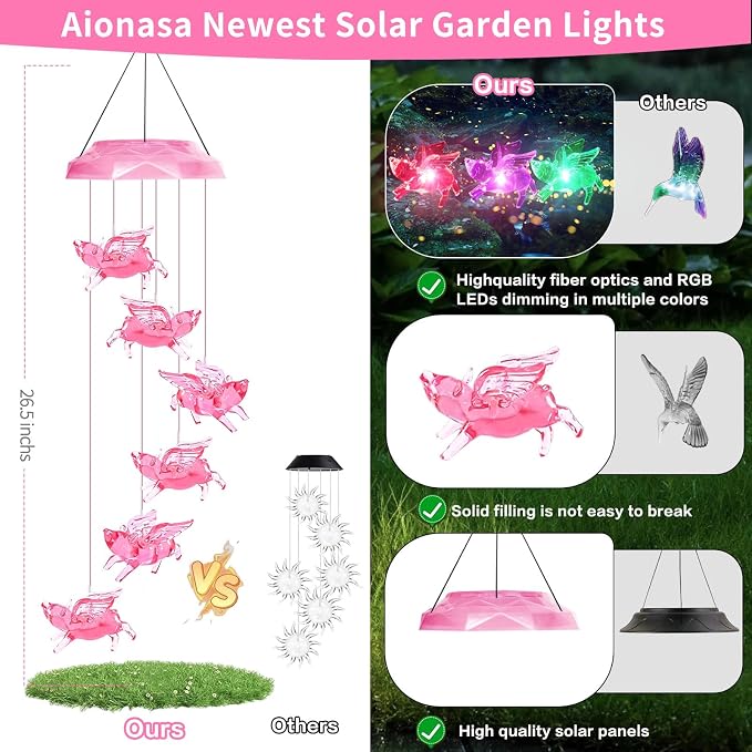 Solar Wind Chimes for Outside- Pig Wind Chimes Pink, | 7 Colors Changing Outdoor, Best Gifts for Mom Grandma Women Wife Aunt Sister, Hanging Wind Chime for Home Garden Yard Decor