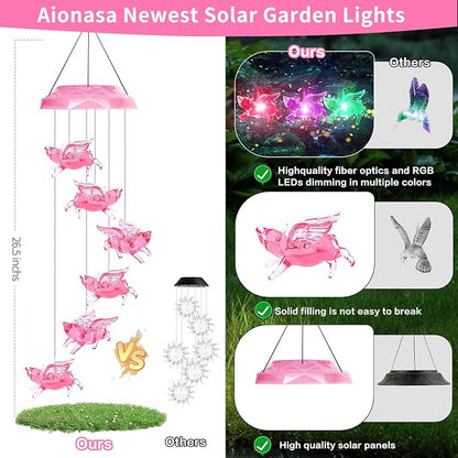 Solar Wind Chimes for Outside- Pig Wind Chimes Pink, | 7 Colors Changing Outdoor, Best Gifts for Mom Grandma Women Wife Aunt Sister, Hanging Wind Chime for Home Garden Yard Decor