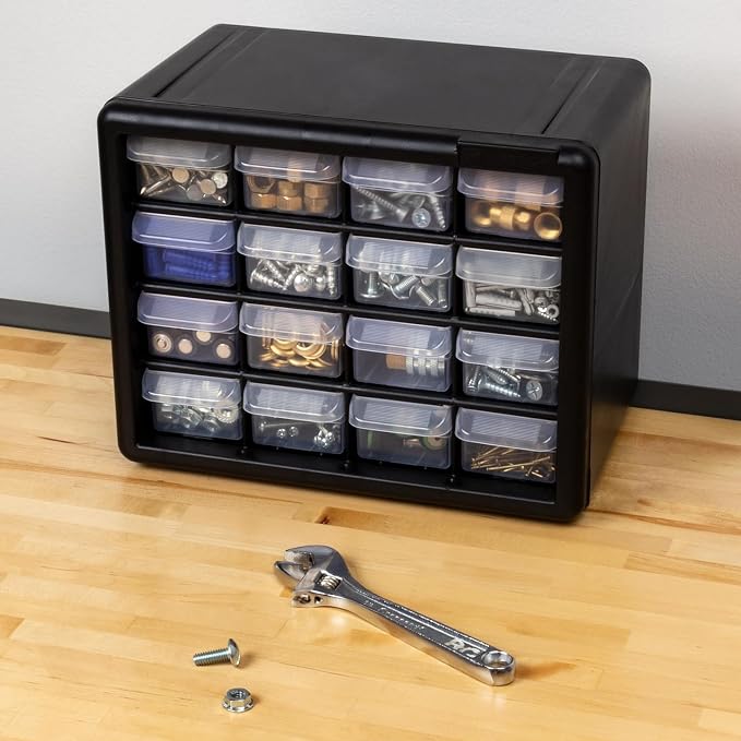 Akro-Mils 16-Drawer Plastic Drawer Storage Cabinet for Garage Organization, Beads, Makeup Organizer, Building Bricks Storage, Teacher Toolbox, 10-1/2" W x 6-1/2" D x 8-1/2" H, 10116 Black (Pack of 2)