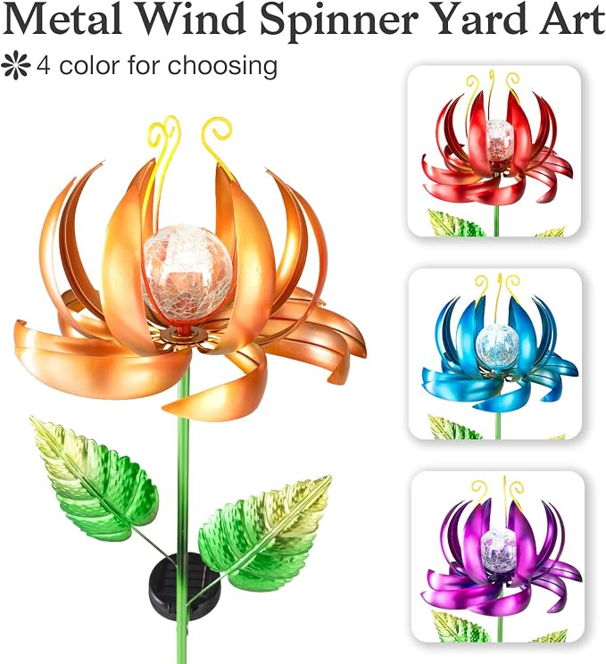 Solar Yard Lights Wind Spinners- Metal Lotus Flower Garden Decor LED Crackle Glass Globe Yard Art Sculpture Solar Stake Lights for Patio Pathway Lawn Walkway (Yellow-Large)