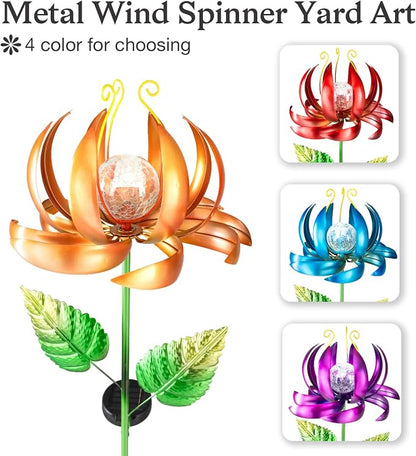 Solar Yard Lights Wind Spinners- Metal Lotus Flower Garden Decor LED Crackle Glass Globe Yard Art Sculpture Solar Stake Lights for Patio Pathway Lawn Walkway (Yellow-Large)