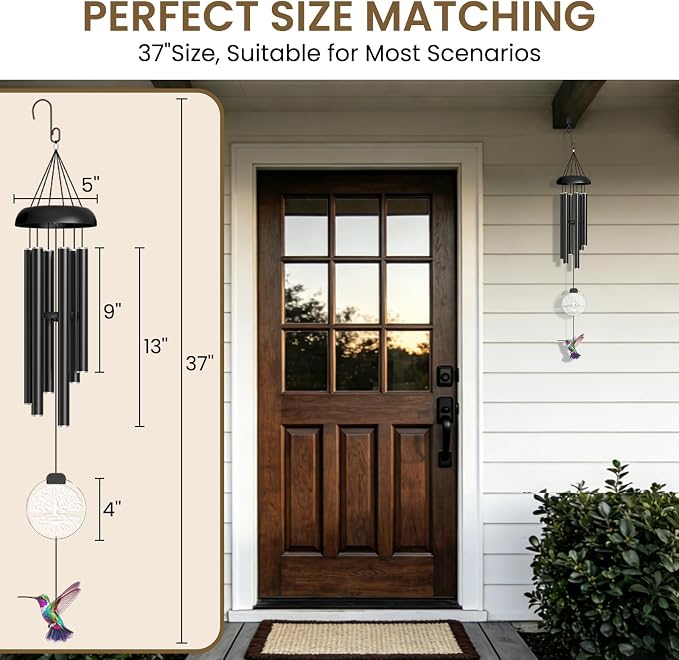37" Solar Wind Chimes for Outside, Memorial Wind Chimes with Solar Powered Acrylic Lights & Hand-Painted Hummingbird – Sympathy Gift for Loss of Loved One, Outdoor Wind Chimes for Garden, Patio, Yard