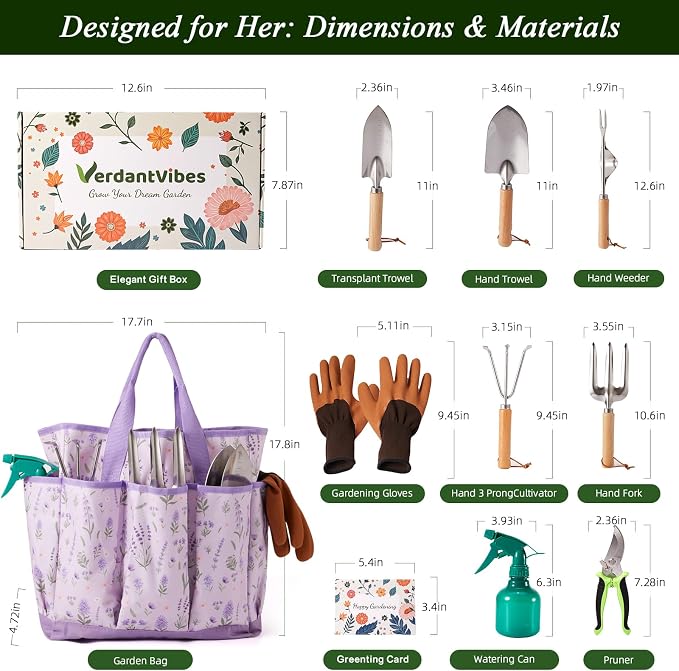 VerdantVibes Gardening Tool Set - 10 Piece Stainless Steel Garden Tools with Wood Handle, Pruners & Purple Lavender Print Tote Bag - Heavy Duty Gardening Gifts for Women Mom & Purple Lovers