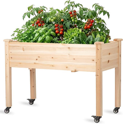 Raised Garden Bed with Lockable Wheels, 48x24x32 inch Elevated Wood Planter with Protective Liner for Vegetable Flower Herb Outdoor Balcony Patio Backyard, Natural
