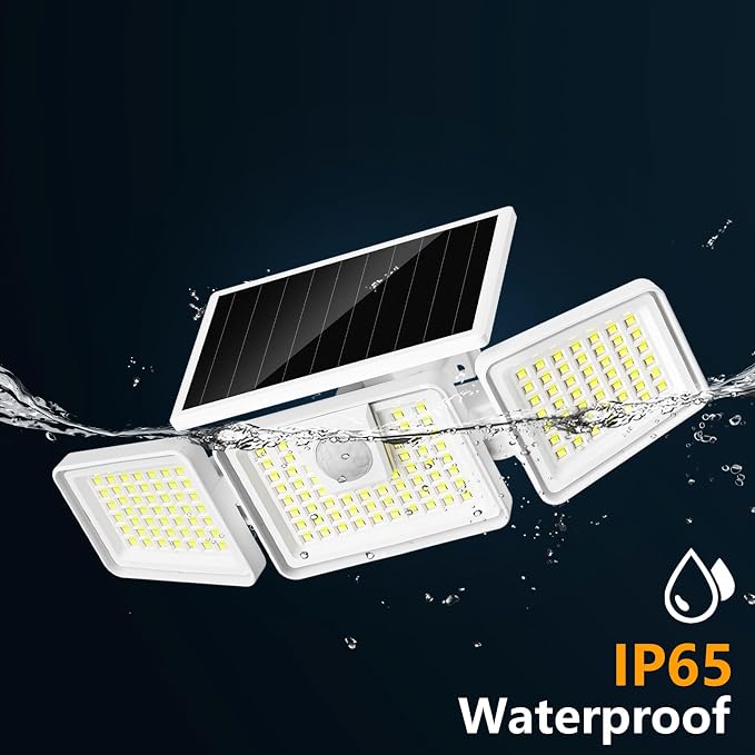 INCX Solar Lights Outdoor with Motion Sensor, 3 Heads Security Lights Solar Powered, 156 LED Flood Light Motion Detected Spotlight for Garage Yard Entryways Patio, IP65 Waterproof, White, 4 Pack.