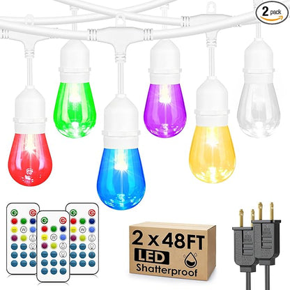 Larkvue 96FT(2X48FT) RGBW Outdoor String Lights with Remote, Patio Lights with 30+3 Vintage S14 Dimmable Waterproof Bulbs for Yard Party Decor, White