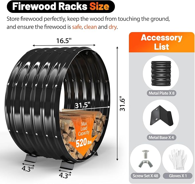 Round Metal Sheet Firewood Rack Indoor by Fireplace/Outdoor Beside Fire Pit -with Metal Legs,Rustproof,Durable & Stylish Firewood Holder (Circle, 32 Inches Diameter)
