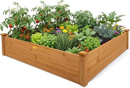 Hollyone 4x4 Raised Garden Bed Wood Frame Planters Wooden Elevated Planting Planter Box for Outdoor Herb Vegetables Flowers Grass Lawn Yard Patio - Natural Brown 48" X 48" inches