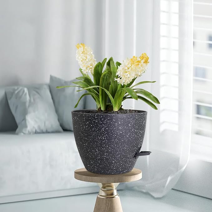 Meowell 12 inch Large Self Watering Pots for Indoor Outdoor Plants, Flower Plant Pots with Mesh Drainage Holes for Garden House Plants, Plastic Planters with Reservoir for Home Decor, Speckled Black