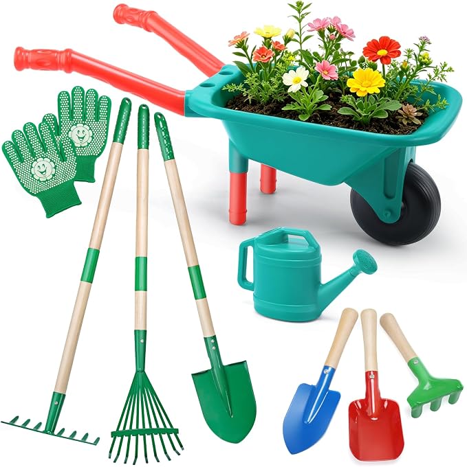 CUTE STONE Kids Gardening Tools Set - 9PCS Toddler Garden Toy with Kids Wheelbarrow, Kids Shovel and Rake Set for Backyard Garden Play, Indoor & Outdoor Gift for Boys Girls Ages 3-5