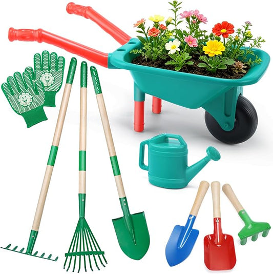 CUTE STONE Kids Gardening Tools Set - 9PCS Toddler Garden Toy with Kids Wheelbarrow, Kids Shovel and Rake Set for Backyard Garden Play, Indoor & Outdoor Gift for Boys Girls Ages 3-5