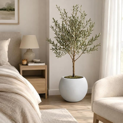 13.5" H x 17" Dia White Fiberstone Planter Pot with Drainage Hole, Large Round Indoor Outdoor Flower Pot for Artificial Olive Trees, Large Plants, Decorative Planter for Patio, Porch & Garden
