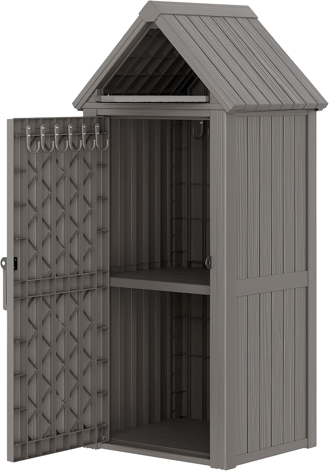 Bifanuo Deck Box Storage Shed Outdoor Storage Cabinet, Vertical Waterproof Resin Material Plastic Shed with Removable Shelves, 12 Hooks and Lock Ring for Garden, Pool and Patio (Grey)