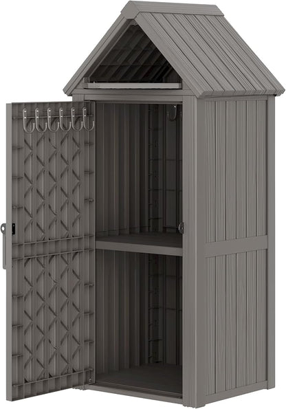 Bifanuo Deck Box Storage Shed Outdoor Storage Cabinet, Vertical Waterproof Resin Material Plastic Shed with Removable Shelves, 12 Hooks and Lock Ring for Garden, Pool and Patio (Grey)