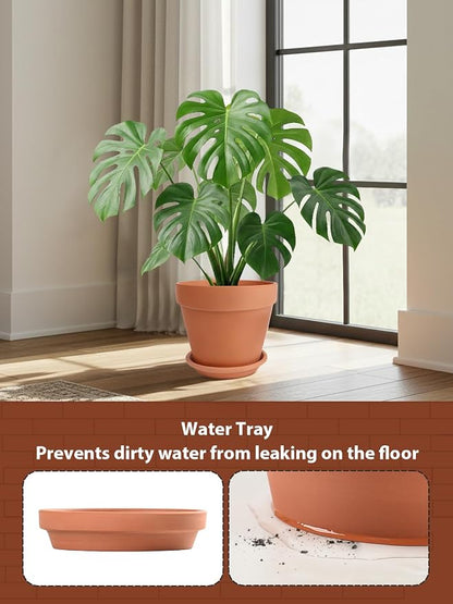 INGOFIN Terracotta Pot with Saucer - 10 Inch Ceramic Clay Pot for Plants with Drainage Hole, Large Terra Cotta Flower Planter with Tray for Indoor Outdoor Plants