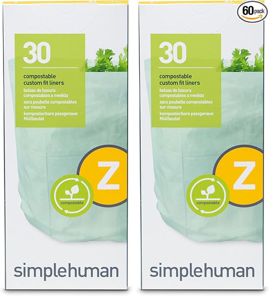 simplehuman Code Z Compostable Custom Fit Liners, Certified Compostable Trash Bags for Compost Caddy, Plant-Based PVOH Plastic, Backyard or Commercial Composting, 4 Liter / 1 Gallon (Pack of 60)