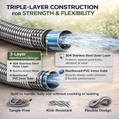 Metal Garden Hose 20 ft – 304 Stainless Steel Water Hose with Brass Fitting, Garden Hoses Flexible, Lightweight, No Kink, Heavy Duty for Outdoor (20 ft)