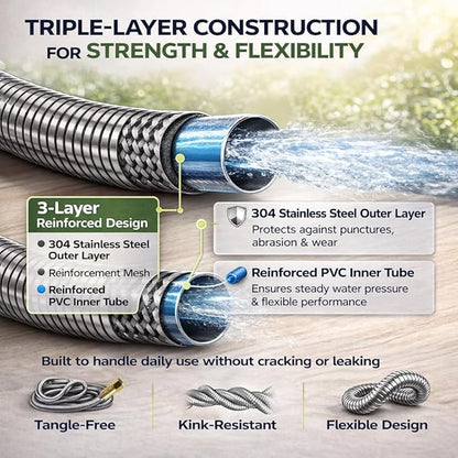 Short Metal Garden Hose 10 ft – 304 Stainless Steel Water Hose Leader, Flexible Hose Extension, Small Lightweight Hose Extender,No Kink Outdoor Hose (10 ft)
