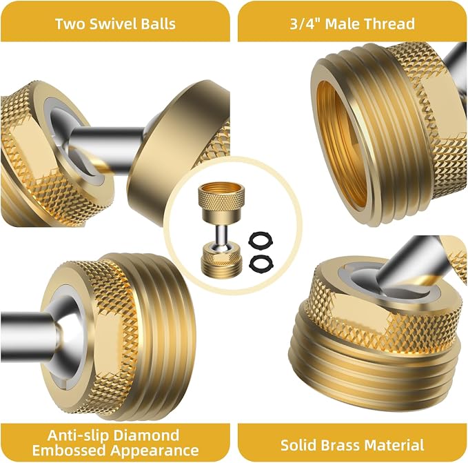 2 Pack All-Metal Garden Hose Adapter, Swivel 3/4" GHT Hose Protector, Brass | Male Female Thread, Flexible Pipe Kink Protector, Dual Rotation, Female to Male, Outdoor Faucet Compatible