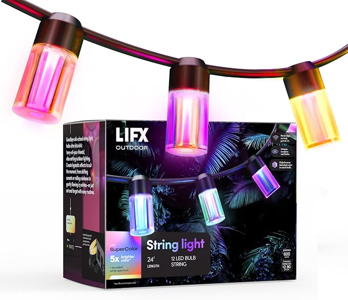 LIFX 24ft Smart Outdoor Extendable String Lights, Wi-Fi 2.4GHz, Color-Changing RGB + Tunable White, App & Voice Control (Alexa, Google, HomeKit), Dynamic Effects & Schedules, Patio & Garden Lighting