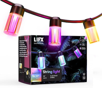 LIFX 24ft Smart Outdoor Extendable String Lights, Wi-Fi 2.4GHz, Color-Changing RGB + Tunable White, App & Voice Control (Alexa, Google, HomeKit), Dynamic Effects & Schedules, Patio & Garden Lighting