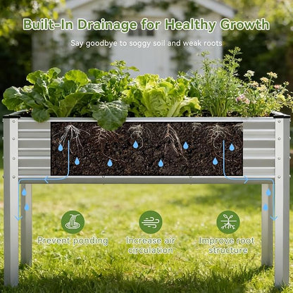 COMHOMA 2 Pack Raised Garden Bed with Legs 4x2x2.5ft,Large Elevated Galvanized Metal Planter Box with Drainage Holes,Outdoor Growing Kit with Gloves Tools for Backyard Patio Lawn,Sliver