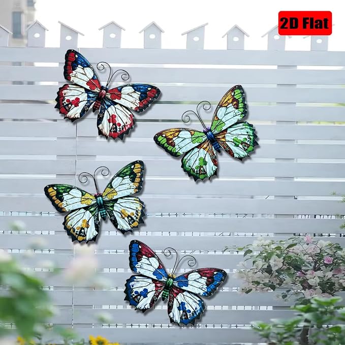 LWINGFLYER 4 Pcs Vintage Metal Wall Decor Butterfly & Flower - Rustic Farmhouse Metal Wall Art for Indoor Bathroom & Outdoor Fence Decoration (Butterflies)