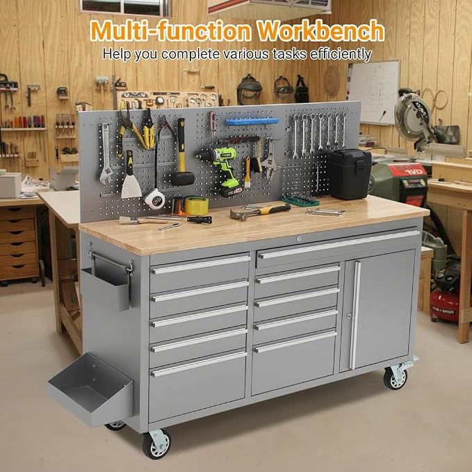 Heavy-Duty 10-Drawer Rolling Tool Cabinet & 61" Garage Workbench with Solid Wood Top, Power Strip, USB, 1675 lb Load, Ball-Bearing Slides, Locking Wheels, Mobile Tool Organizer in Silver