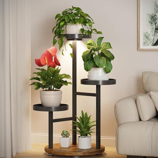 LASZOLA Plant Stand Indoor Corner with Grow Light, Heavy Duty 3 Tier Wooden Flower Holder Rack for Mutiple Plants, Planter Display Shelf for Patio Garden Balcony Living Room, Black