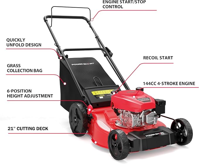 PowerSmart 21-Inch 144cc Gas Lawn Mower & 16-Inch 25.4cc String Trimmer/Edger with 10-Inch Brush Cutter for Grass Cutting