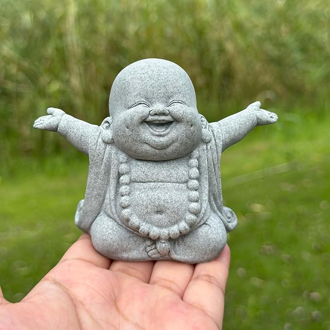 Mini Zen Laughing Buddha Statue, Tiny Sandstone Figurine for Garden Shelf | Mini monk figurine with contagious smiling face. Perfect for fish tank, desk ,or home decor. Brings joy and uplifts any space