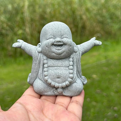 Mini Zen Laughing Buddha Statue, Tiny Sandstone Figurine for Garden Shelf | Mini monk figurine with contagious smiling face. Perfect for fish tank, desk ,or home decor. Brings joy and uplifts any space