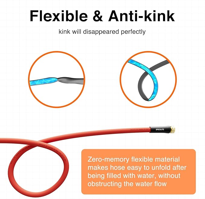 SPECILITE 5/8" Hot/Cold Rubber Garden Water Hose 150ft, -50℉-190℉, 200psi Working, 600psi Burst, Flexible & Lightweight With 3/4" Brass Fittings for Yard, Outdoor, Farm, Agriculture, Construction, Red