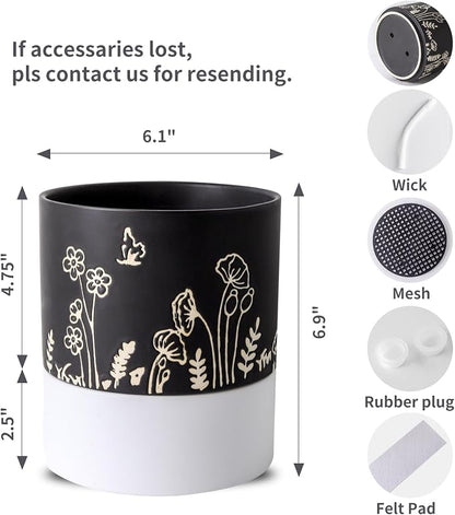 Nihow Self Watering Pots for Indoor Plants,6 Inch,Black,Hand Painting | Ceramic Planter, Drainage Hole & Water Storage Plus, Cylinder Round Flower Pot, For Succulent/Herbs/Violets