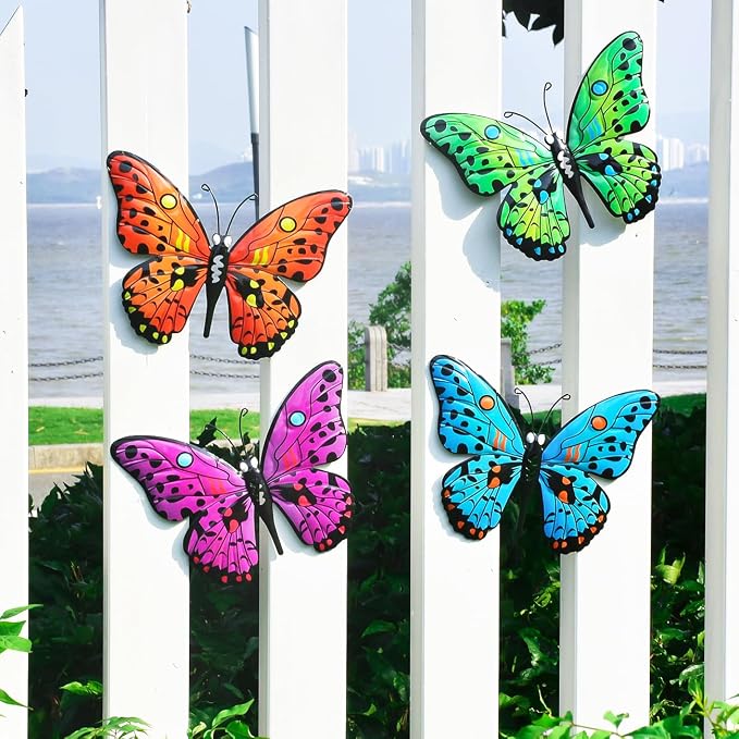4 Pack Metal Butterfly Wall Decor Yard Art, 9.6" 3D Butterflies Outdoor Fence Decor Hanging Decorations for Garden Patio Balcony Front Porch Living Room Home Vibrant Colored Bohemian Geometric