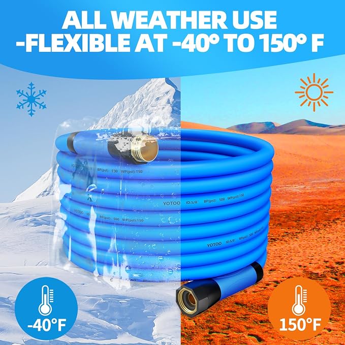 YOTOO Heavy Duty Hybrid Short Garden Hose, Lead in Water Hose 5/8-Inch by 10-Feet 150 PSI, Kink Resistant, All-Weather Flexible with Swivel Grip Handle and 3/4" GHT Solid Brass Fittings, Blue