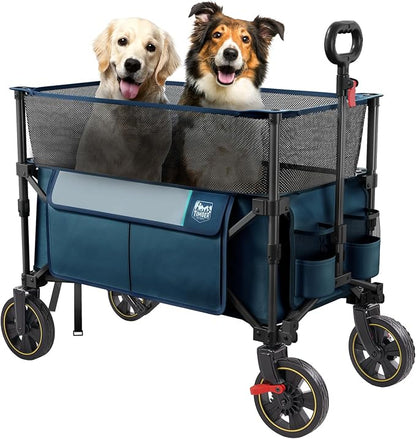 Timber Ridge 350L Extra Large Collapsible Folding Wagon Carts with Brake, Heavy Duty Outdoor Camping Utility Wagons with Extended Height, Adjustable Handle, Cup Holders, Side Bag(Blue)
