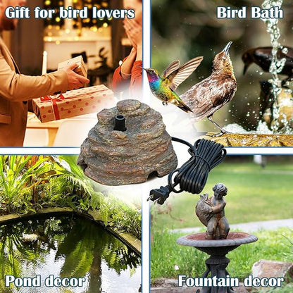 Bird Bath Fountain, Resin Granite with 9.8ft Long Wired Pump for Outdoor Garden Patio Decor, Rock Water Feature Fountain for Hummingbird Birdbath Aquariums and Fish Tank (Brown)