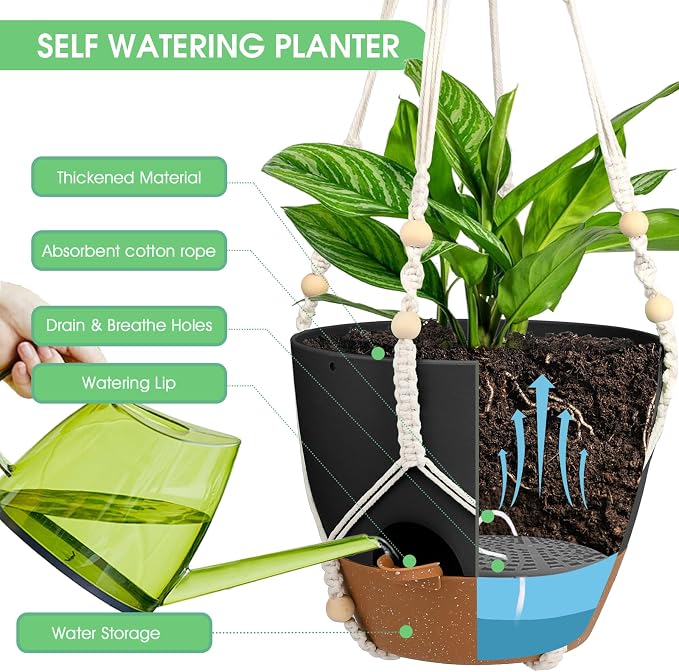 Hanging Planters for Indoor Outdoor Plants, 2 Pack Self Watering Hanging Pot with Drainage Holes, Removable Tray & 2 Kinds of Plant Hangers, 10'' Hanging Flower Pots for Home Garden Decor, Black