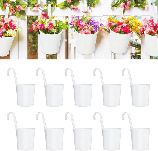 KINGLAKE Flower Pots,10 Pcs Metal Iron Hanging Flower Plant Pot Balcony Garden Plant Planter Baskets Fence Bucket Pots 6.3'' Flower Holders with Detachable Hook White